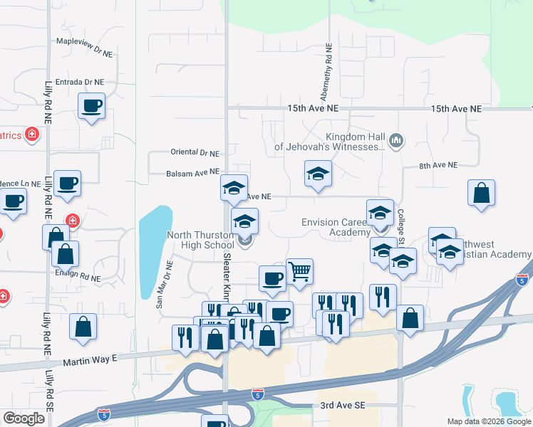 map of restaurants, bars, coffee shops, grocery stores, and more near 4201 6th Avenue Northeast in Lacey