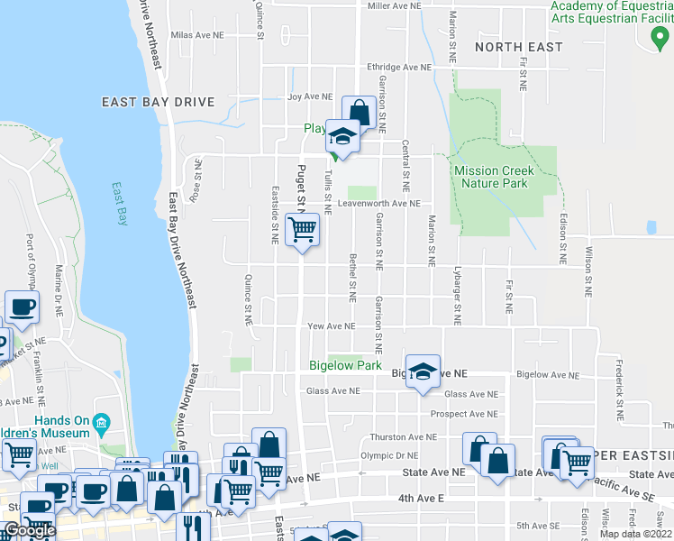 map of restaurants, bars, coffee shops, grocery stores, and more near 1305 Pine Avenue Northeast in Olympia