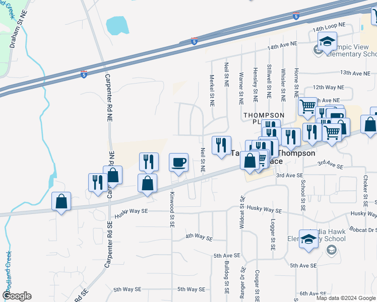 map of restaurants, bars, coffee shops, grocery stores, and more near 1025 Neil Street Northeast in Olympia