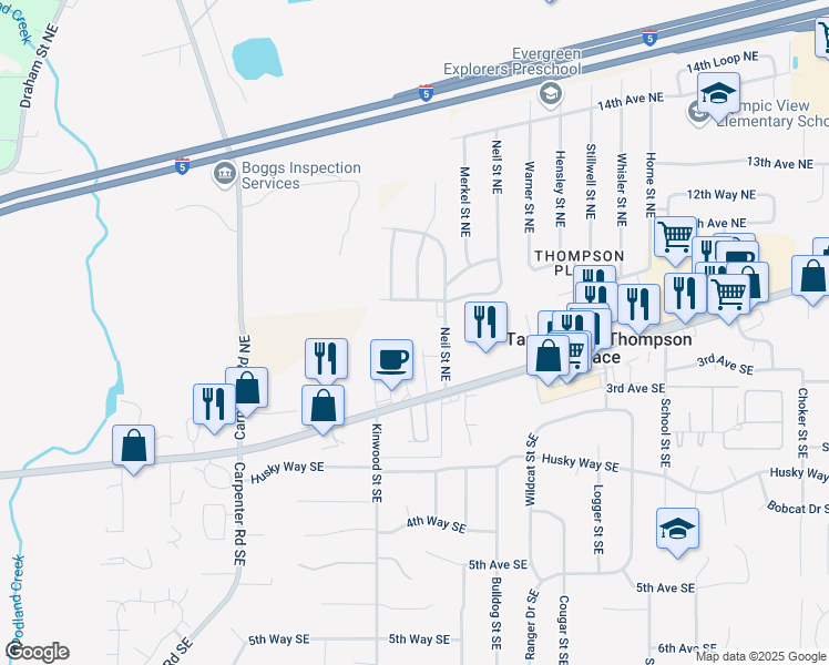 map of restaurants, bars, coffee shops, grocery stores, and more near 1025 Neil Street Northeast in Olympia