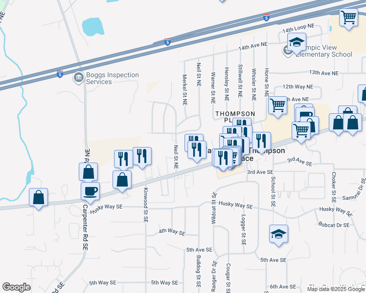 map of restaurants, bars, coffee shops, grocery stores, and more near 1020 Neil Street Northeast in Olympia