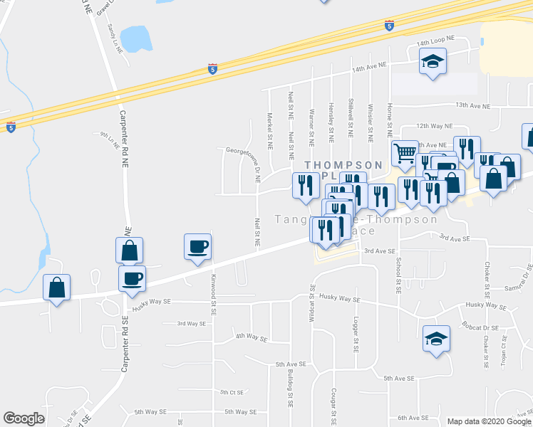 map of restaurants, bars, coffee shops, grocery stores, and more near 1020 Neil Street Northeast in Olympia