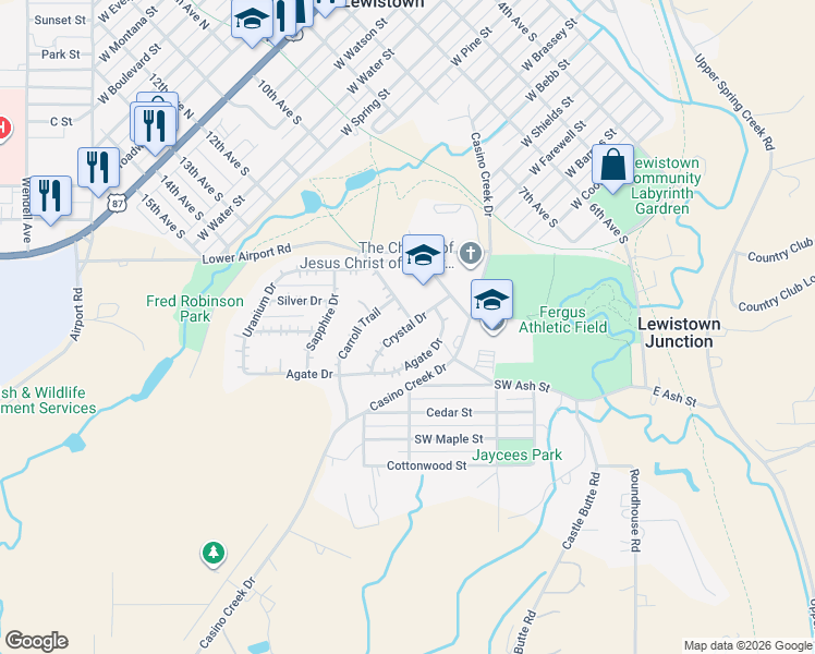 map of restaurants, bars, coffee shops, grocery stores, and more near 120 Crystal Drive in Lewistown