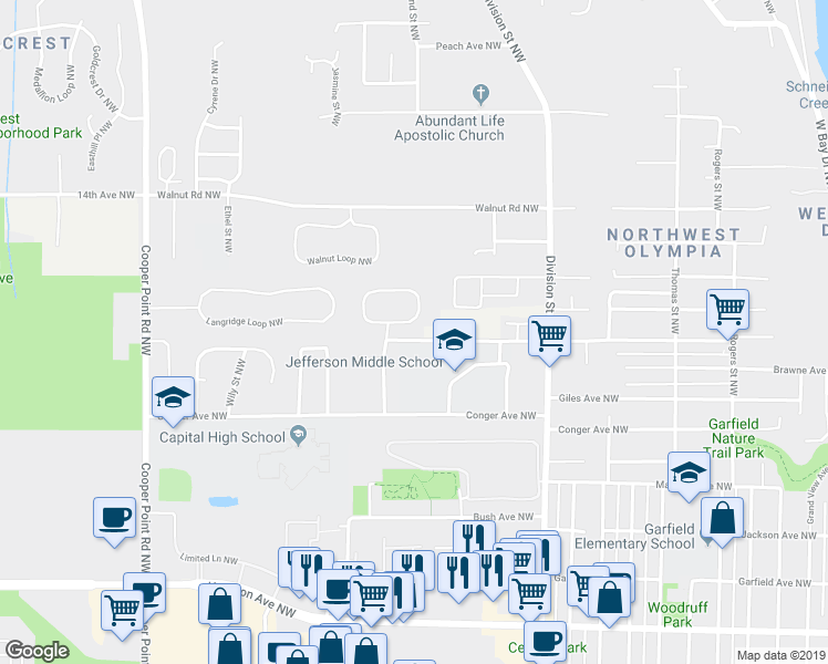 map of restaurants, bars, coffee shops, grocery stores, and more near 2412 Bowman Avenue Northwest in Olympia