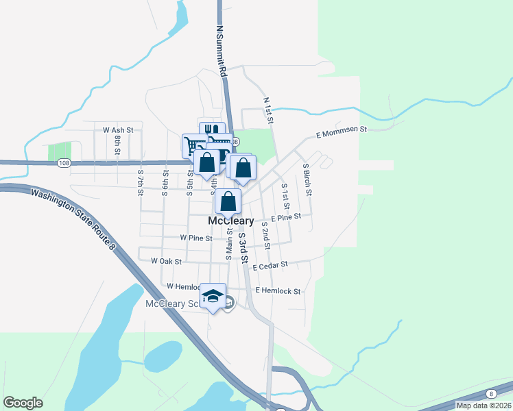 map of restaurants, bars, coffee shops, grocery stores, and more near 118 East Pine Street in McCleary