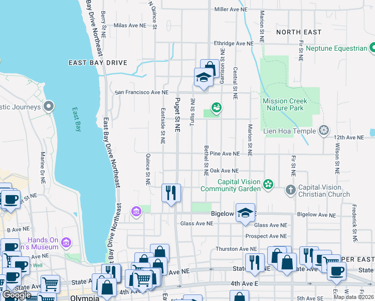 map of restaurants, bars, coffee shops, grocery stores, and more near 1305 Pine Avenue Northeast in Olympia