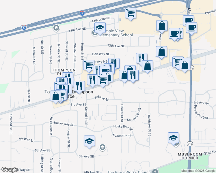 map of restaurants, bars, coffee shops, grocery stores, and more near 230 Kingham Street Southeast in Olympia