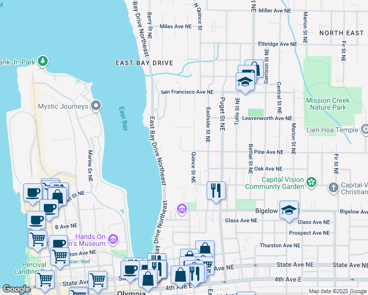 map of restaurants, bars, coffee shops, grocery stores, and more near 909 Pine Avenue Northeast in Olympia