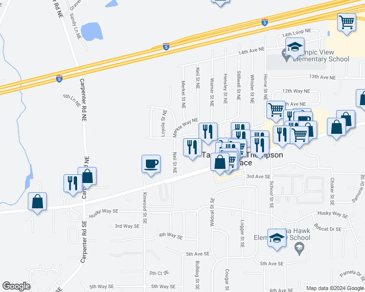 map of restaurants, bars, coffee shops, grocery stores, and more near 1042 Neil Street Northeast in Olympia