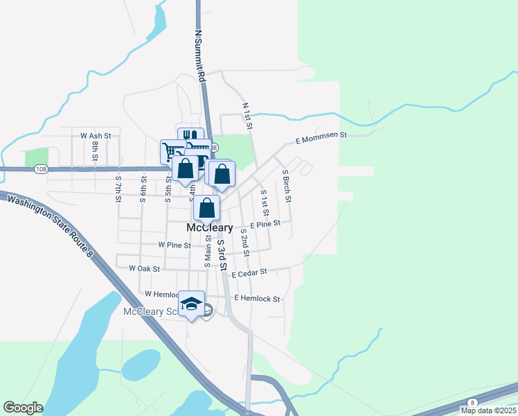 map of restaurants, bars, coffee shops, grocery stores, and more near 351 South 1st Street in McCleary
