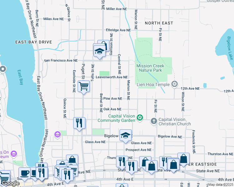 map of restaurants, bars, coffee shops, grocery stores, and more near 1521 Pine Avenue Northeast in Olympia
