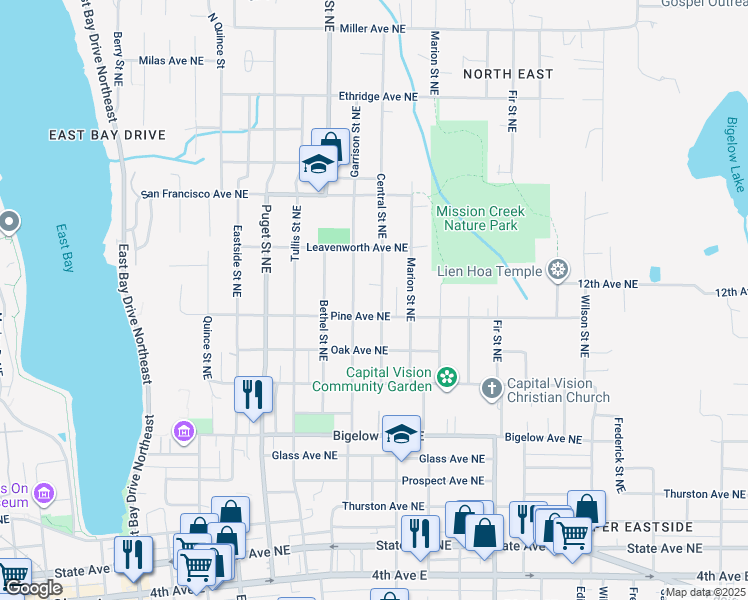 map of restaurants, bars, coffee shops, grocery stores, and more near 1521 Pine Avenue Northeast in Olympia