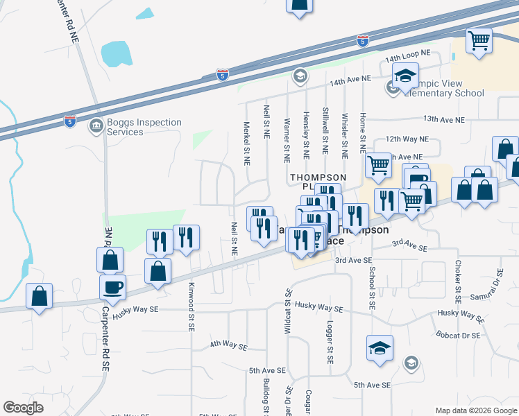 map of restaurants, bars, coffee shops, grocery stores, and more near 1126 Neil Street Northeast in Olympia