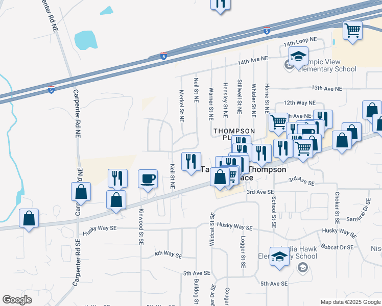 map of restaurants, bars, coffee shops, grocery stores, and more near 1205 Neil Street Northeast in Olympia