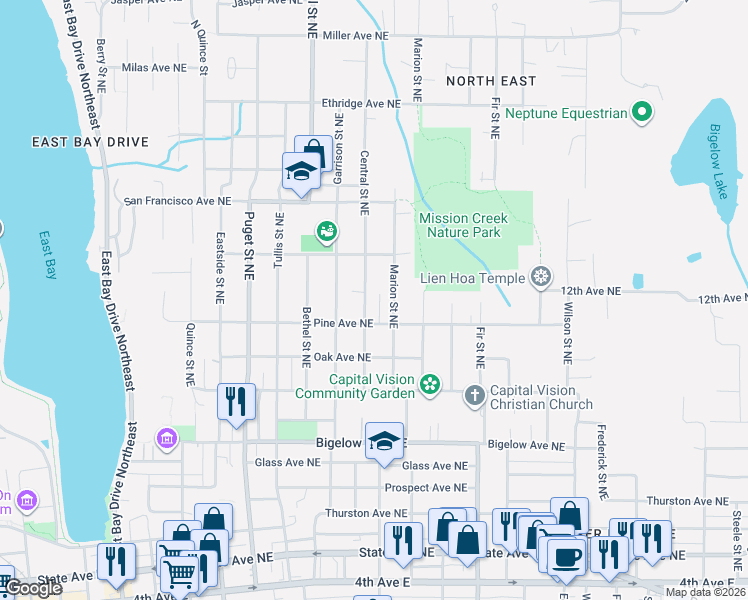 map of restaurants, bars, coffee shops, grocery stores, and more near 1205 Marion Street Northeast in Olympia