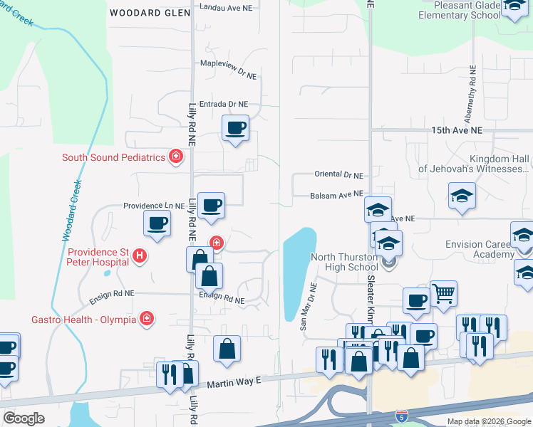 map of restaurants, bars, coffee shops, grocery stores, and more near 522 Lilly Road Northeast in Olympia