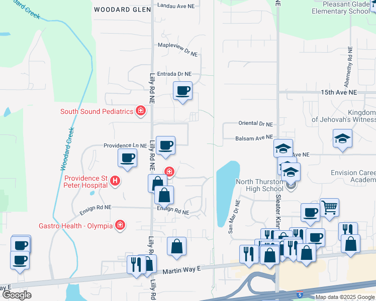 map of restaurants, bars, coffee shops, grocery stores, and more near 522 Lilly Road Northeast in Olympia