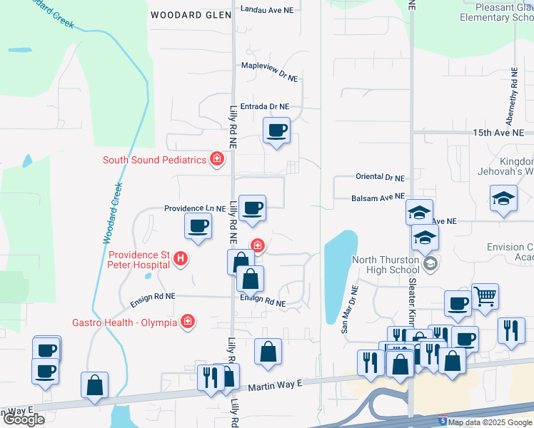 map of restaurants, bars, coffee shops, grocery stores, and more near 522 Lilly Road Northeast in Olympia
