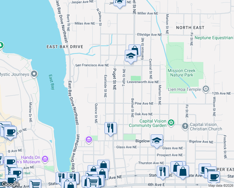 map of restaurants, bars, coffee shops, grocery stores, and more near 1203 Puget Street Northeast in Olympia