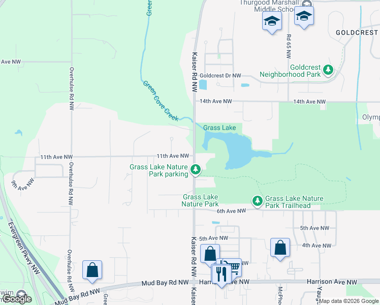 map of restaurants, bars, coffee shops, grocery stores, and more near 1123 Kaiser Road Northwest in Olympia