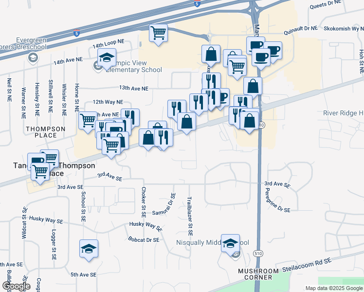 map of restaurants, bars, coffee shops, grocery stores, and more near 7917 Martin Way East in Olympia