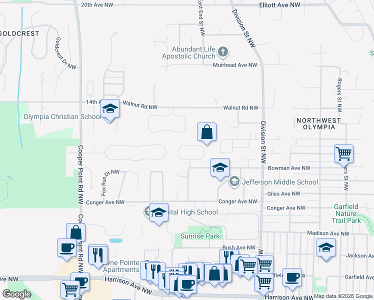 map of restaurants, bars, coffee shops, grocery stores, and more near 1031 Cardigan Loop Northwest in Olympia