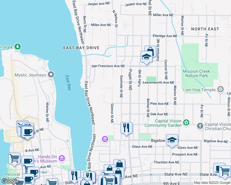 map of restaurants, bars, coffee shops, grocery stores, and more near 1205 Eastside Street Northeast in Olympia
