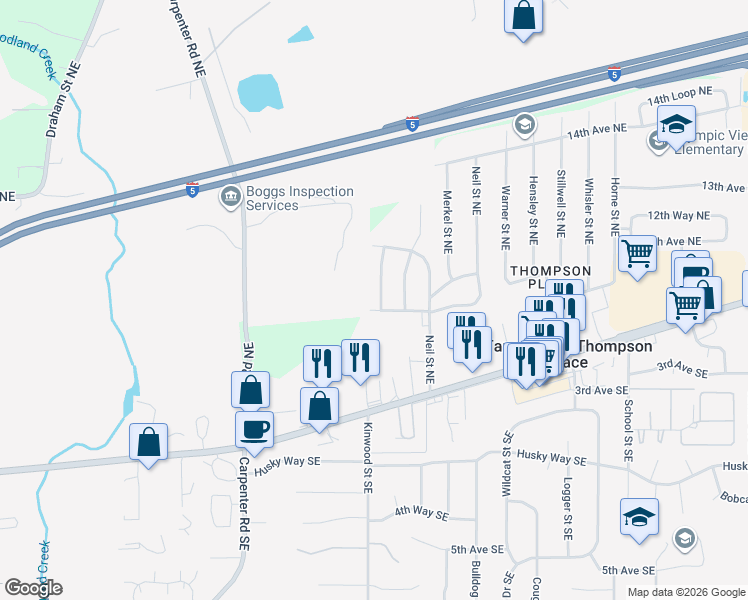 map of restaurants, bars, coffee shops, grocery stores, and more near 1109 Villanova Street Northeast in Olympia