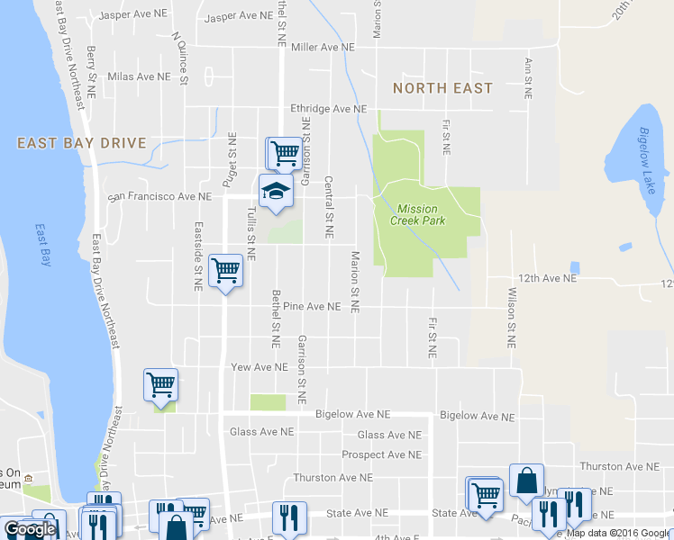 map of restaurants, bars, coffee shops, grocery stores, and more near 1140 Central Street Northeast in Olympia