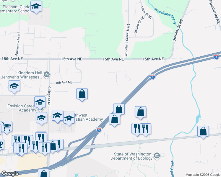 map of restaurants, bars, coffee shops, grocery stores, and more near 706 Century Court Northeast in Lacey