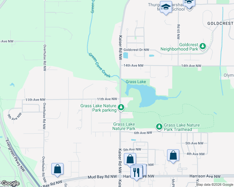 map of restaurants, bars, coffee shops, grocery stores, and more near 1123 Kaiser Road Northwest in Olympia