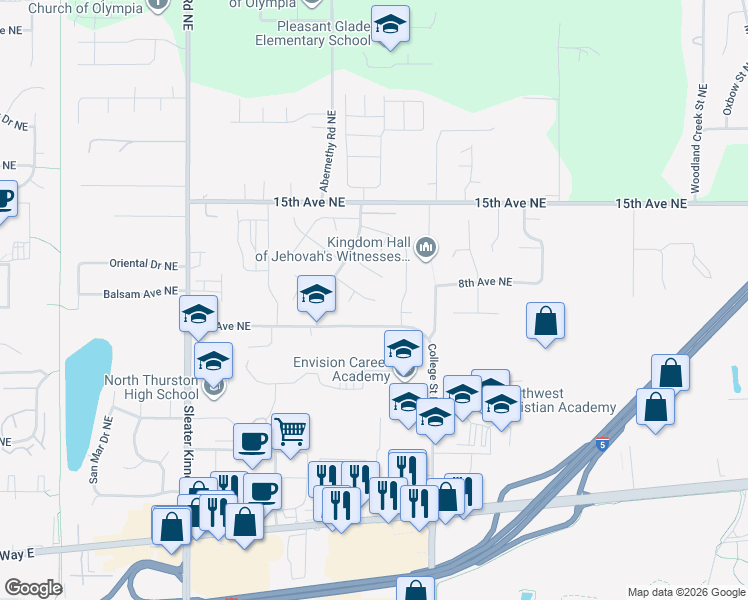 map of restaurants, bars, coffee shops, grocery stores, and more near 4414 Lexington Place Northeast in Lacey
