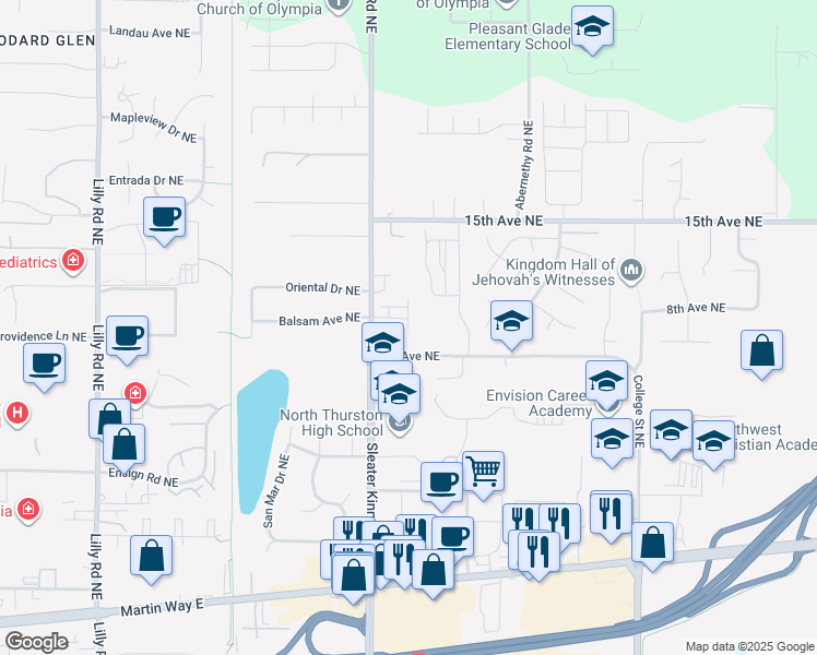 map of restaurants, bars, coffee shops, grocery stores, and more near 820 Taylor Lane Northeast in Lacey