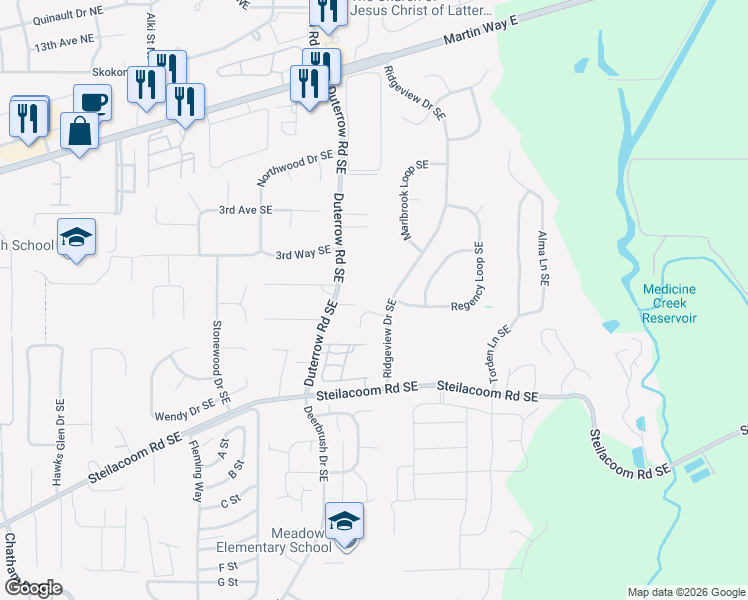 map of restaurants, bars, coffee shops, grocery stores, and more near 424 Duterrow Road Southeast in Olympia