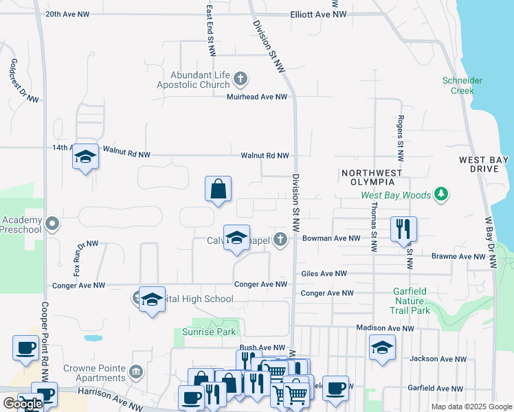 map of restaurants, bars, coffee shops, grocery stores, and more near 2204 Stillwater Avenue Northwest in Olympia