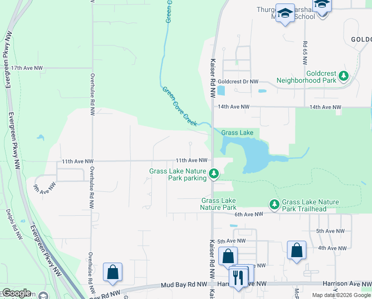 map of restaurants, bars, coffee shops, grocery stores, and more near 1117 Camberton Court Northwest in Olympia