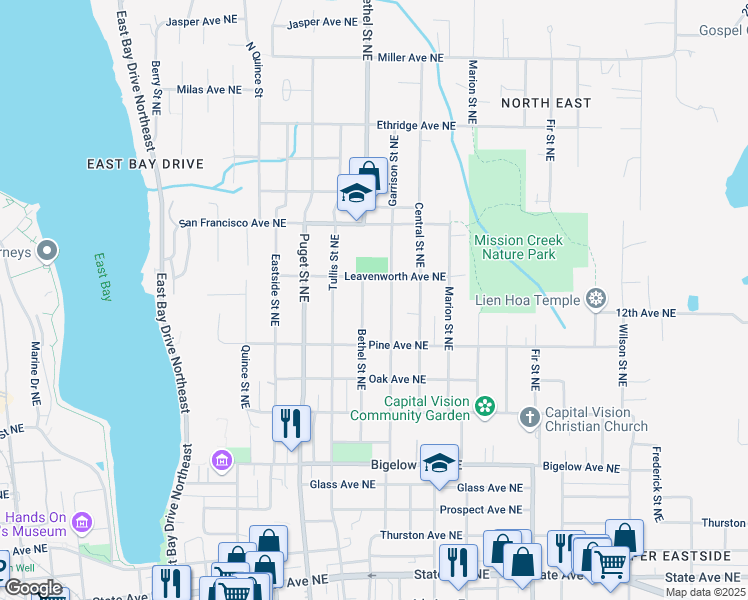 map of restaurants, bars, coffee shops, grocery stores, and more near 1142 Bethel Street Northeast in Olympia