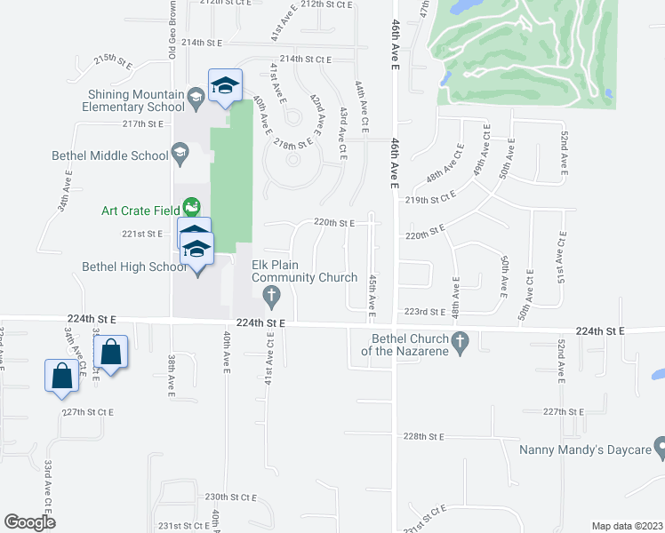 map of restaurants, bars, coffee shops, grocery stores, and more near 22110 44th Avenue East in Spanaway