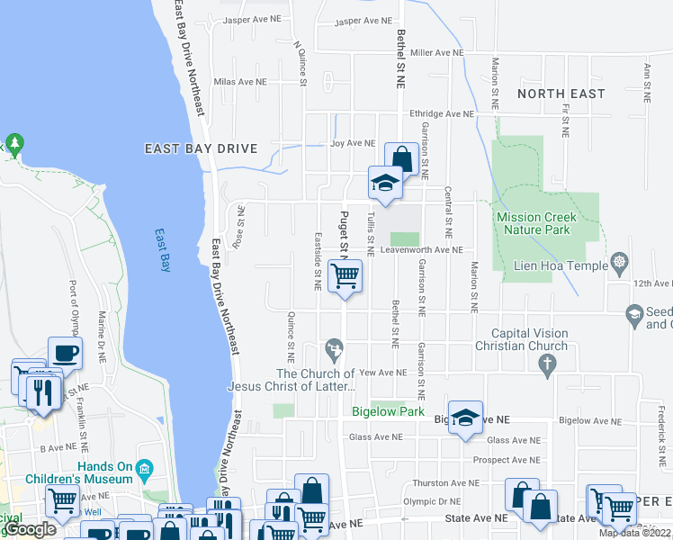 map of restaurants, bars, coffee shops, grocery stores, and more near 1203 Puget St NE in Olympia