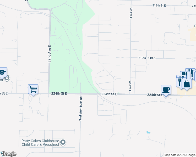 map of restaurants, bars, coffee shops, grocery stores, and more near 8802 222nd Street East in Graham