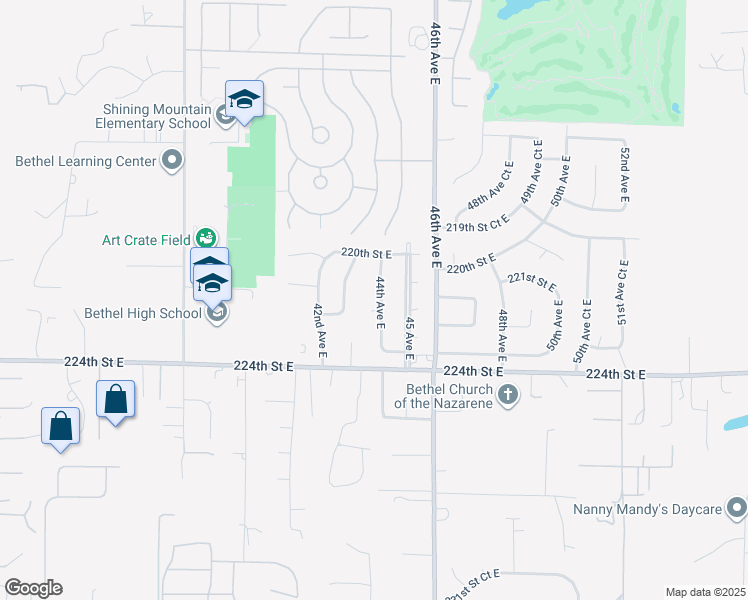 map of restaurants, bars, coffee shops, grocery stores, and more near 22110 44th Avenue East in Spanaway