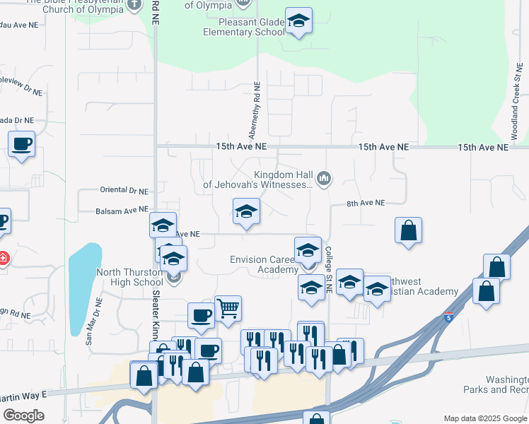 map of restaurants, bars, coffee shops, grocery stores, and more near 821 Essex Place Northeast in Lacey