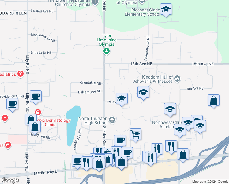 map of restaurants, bars, coffee shops, grocery stores, and more near 820 Taylor Lane Northeast in Lacey