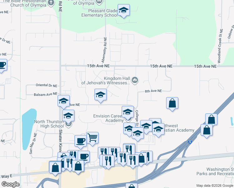map of restaurants, bars, coffee shops, grocery stores, and more near 4414 Lexington Place Northeast in Lacey