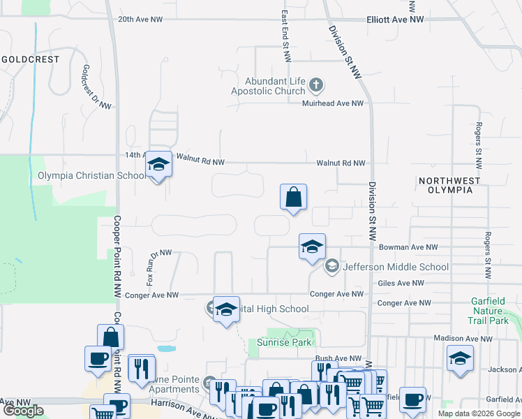 map of restaurants, bars, coffee shops, grocery stores, and more near 1031 Cardigan Loop Northwest in Olympia