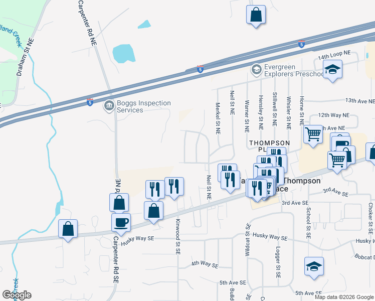 map of restaurants, bars, coffee shops, grocery stores, and more near 1122 Villanova Street Northeast in Olympia