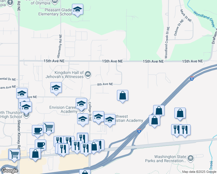 map of restaurants, bars, coffee shops, grocery stores, and more near 4705 8th Ave NE in Lacey