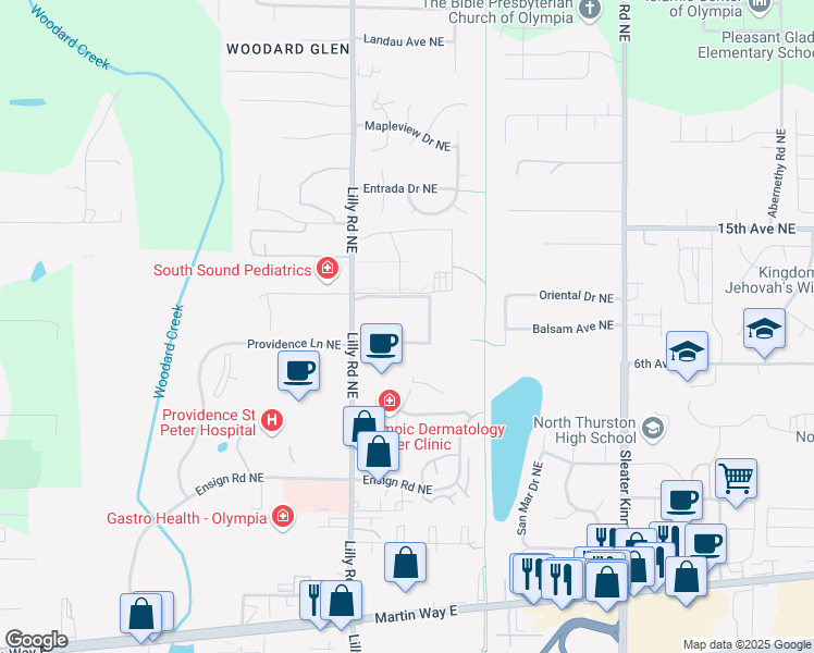 map of restaurants, bars, coffee shops, grocery stores, and more near 616 Lilly Road Northeast in Olympia