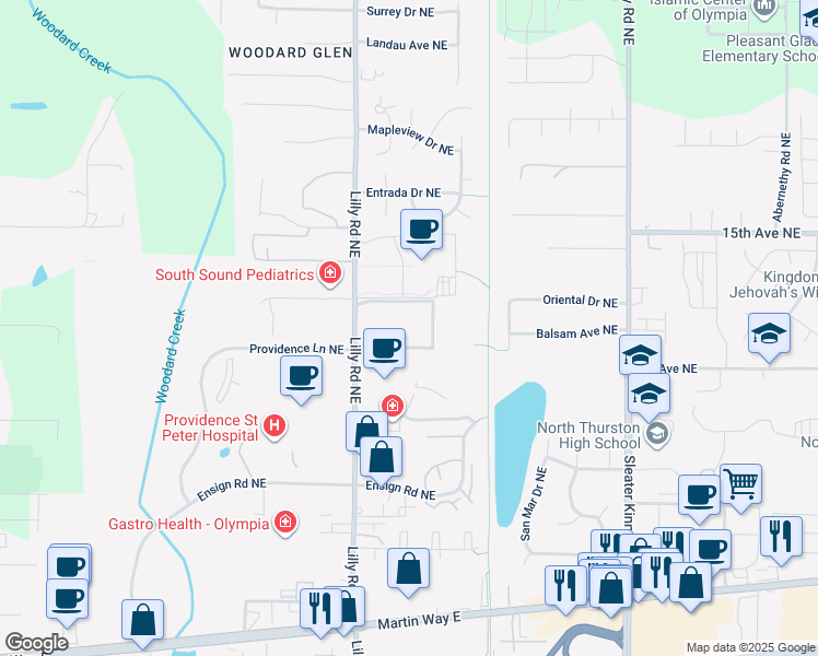 map of restaurants, bars, coffee shops, grocery stores, and more near 616 Lilly Road Northeast in Olympia