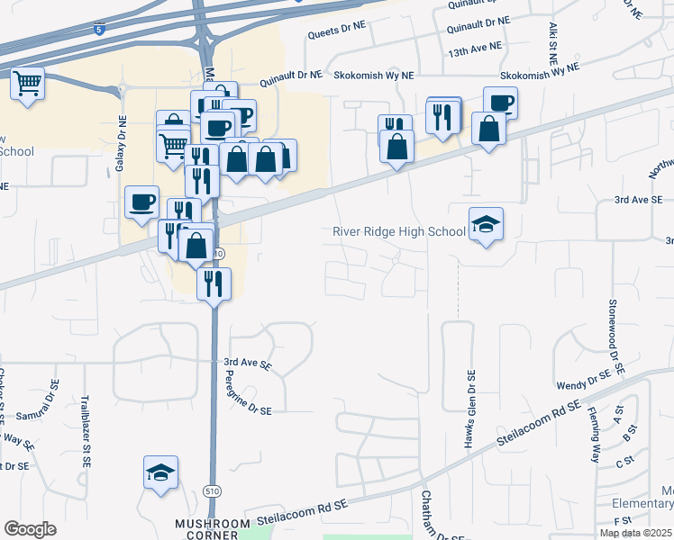 map of restaurants, bars, coffee shops, grocery stores, and more near 8521 Litt Drive SE in Lacey